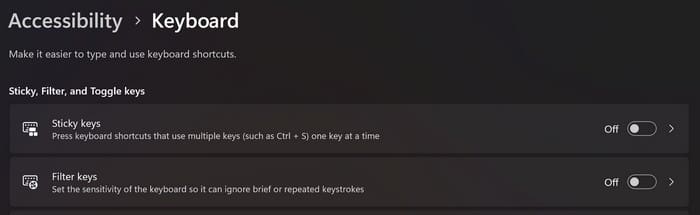 Keyboard option Windows 11 Settings